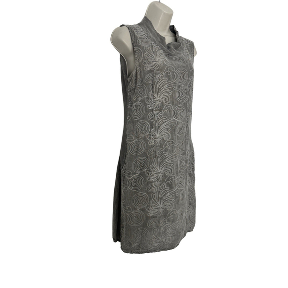 Lina Tomei 100% linen embroidered dress Large Gray Italy Cowl Neck Beach Pockets - Picture 3 of 11